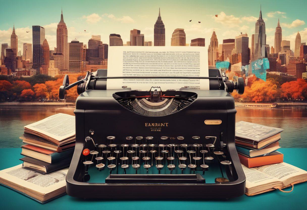 A collage of diverse digital storytelling elements, featuring a vintage typewriter, vibrant social media icons, and an open book transforming into a flowing river of words. Include a backdrop of a bustling city skyline to symbolize the blogosphere's vastness. Integrate a warm color palette to evoke creativity and engagement. artistic illustration. vibrant colors. dynamic composition.