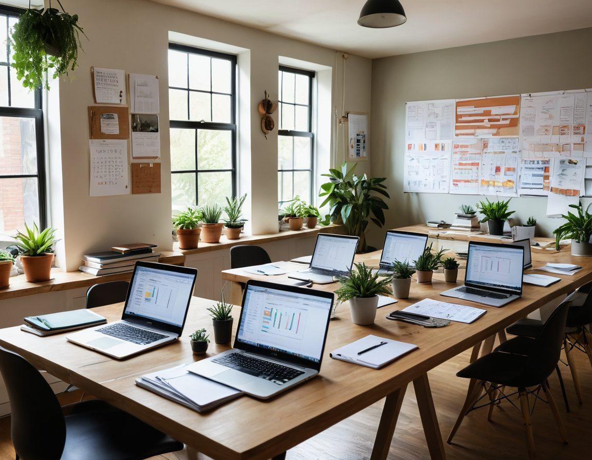 An inviting workspace scene featuring a diverse group of bloggers gathered around a large table, discussing strategies with laptops and notebooks open, colorful charts and plans pinned to a wall, large windows letting in natural light, with plants adding a touch of greenery. vibrant colors. super-realistic. warm inviting atmosphere.